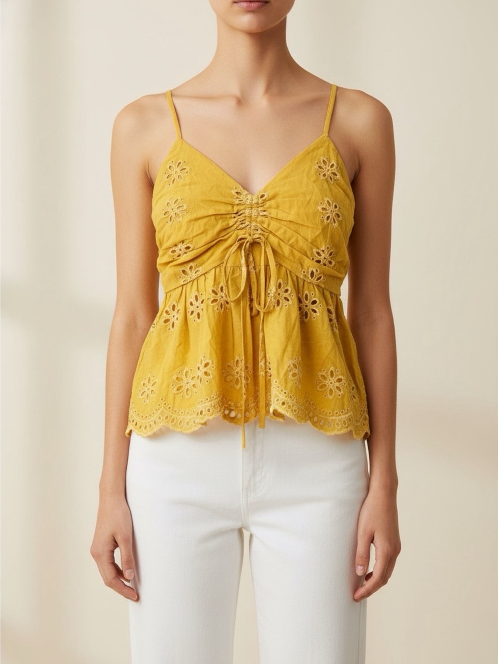 Yellow Eyelet Drawstring Camisole Top